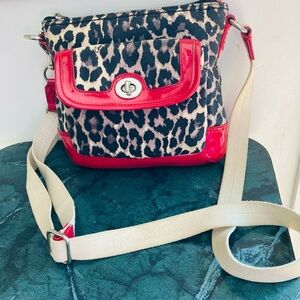 💗Authentic Vintage Coach Red/Blk Ocelot Print Fabric & Leather  Crossbody Bag💗